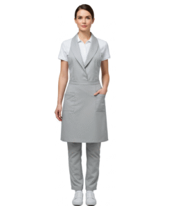 Women’s Hospitality Uniform Set – White Polo with Tailored Grey Apron Vest & Matching Trousers