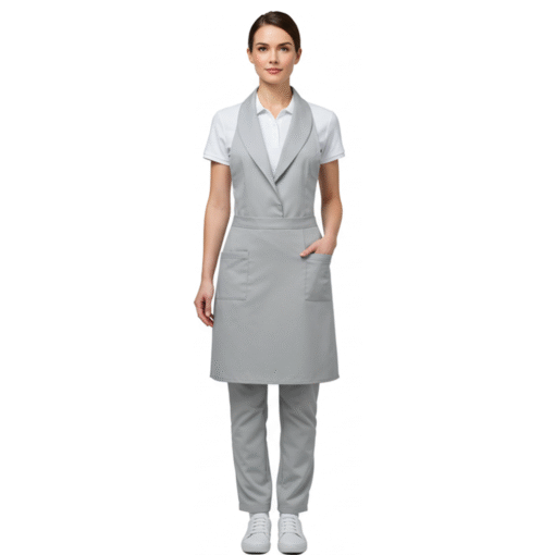 Women’s Hospitality Uniform Set – White Polo with Tailored Grey Apron Vest & Matching Trousers