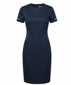 Women’s Navy Blue Short-Sleeve Uniform Dress with White Sleeve Trim and Pockets
