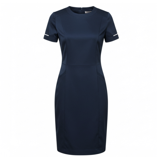Women’s Navy Blue Short-Sleeve Uniform Dress with White Sleeve Trim and Pockets