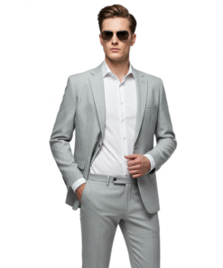 Men’s Light Grey Slim-Fit Suit with White Shirt – Smart Casual Ensemble