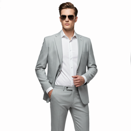 Men’s Light Grey Slim-Fit Suit with White Shirt – Smart Casual Ensemble