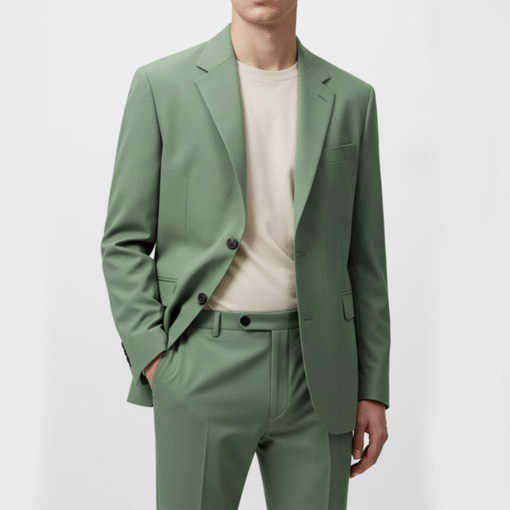 Men’s Sage Green Relaxed-Fit Suit with Notched Lapels – Smart-Casual Two-Piece Set