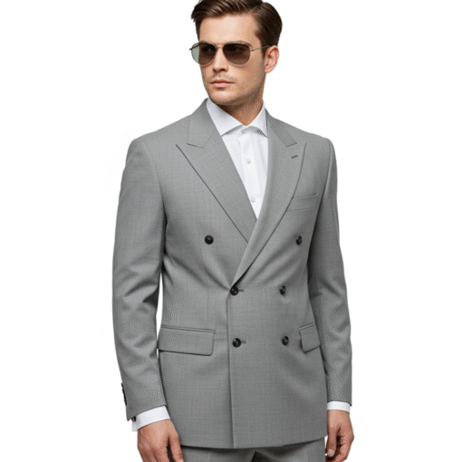 This image shows a male model standing against a plain white background, presenting a formal suit. Here's an analysis of the picture: Subject: A young man with light skin and neatly combed dark hair, styled upwards. He has a serious or neutral expression and is looking directly at the camera. His posture is symmetrical and formal, with his arms hanging straight down by his sides. Attire: Color: The suit is a solid light grey, a classic and versatile color for formal wear. Jacket (Blazer): It's a double-breasted jacket, characterized by overlapping front flaps and two parallel columns of buttons. This style is inherently more formal and traditional than a single-breasted suit. It features peak lapels, which are lapels with points that face upwards, adding to the formality and sartorial elegance of the suit. The peak lapels appear quite wide and prominent. There are six buttons visible on the front (three functional on one side, three decorative on the other), with two buttons used for closure. Two flap pockets are visible on the lower front of the jacket, and a breast pocket (welt pocket) is on the left side. The shoulders appear well-structured and possibly padded, contributing to a sharp silhouette. Shirt: He is wearing a crisp white dress shirt underneath the jacket, with the collar visible. The top button of the shirt appears to be unbuttoned, suggesting a slightly less rigid, though still formal, presentation. Trousers: The trousers match the jacket in color and fabric, completing the suit. They appear to be well-tailored with a straight or slightly tapered leg. Overall Impression: The ensemble projects a strong image of classic formality and sophistication. The double-breasted style and peak lapels indicate a refined and traditional approach to suiting. The light grey color keeps it contemporary while maintaining its formal appeal. This suit would be suitable for business formal occasions, weddings, or other significant events where a polished and distinguished appearance is desired.
