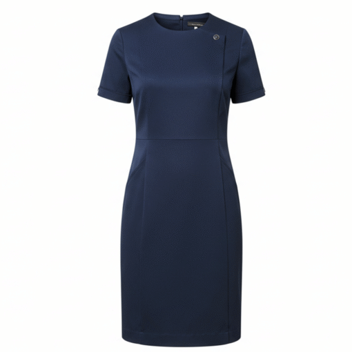 Women’s Navy Blue Uniform Dress – Asymmetrical Button Neckline & Notched Sleeves
