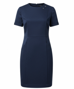 Navy Blue Women’s Professional Uniform Dress – Tailored Sheath with Asymmetric Buttoned Neckline & Notched Sleeves