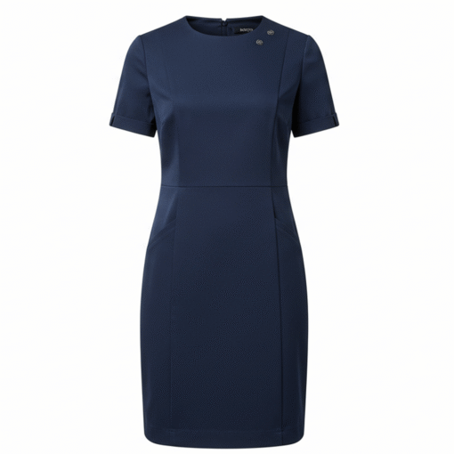 Navy Blue Women’s Professional Uniform Dress – Tailored Sheath with Asymmetric Buttoned Neckline & Notched Sleeves