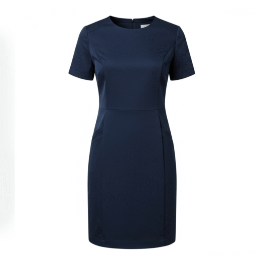 Women’s Navy Blue Uniform Dress – White Sleeve Trim & Tailored Sheath Fit