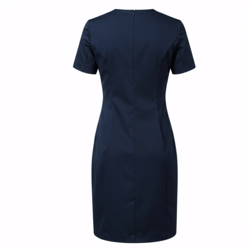 Women’s Navy Blue Uniform Dress – White Sleeve Trim & Tailored Sheath Fit