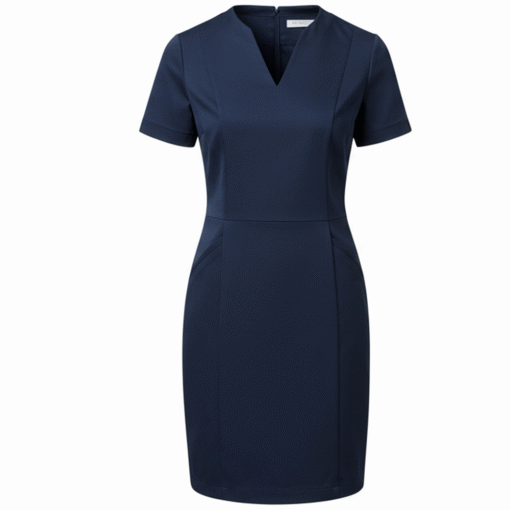Women’s Navy Blue Uniform Dress – V-Neckline with Tailored Sheath Fit