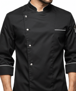 Men’s Black Chef Jacket with White Piping – Asymmetrical Closure, Sleeve Pocket & Contrast Cuffs