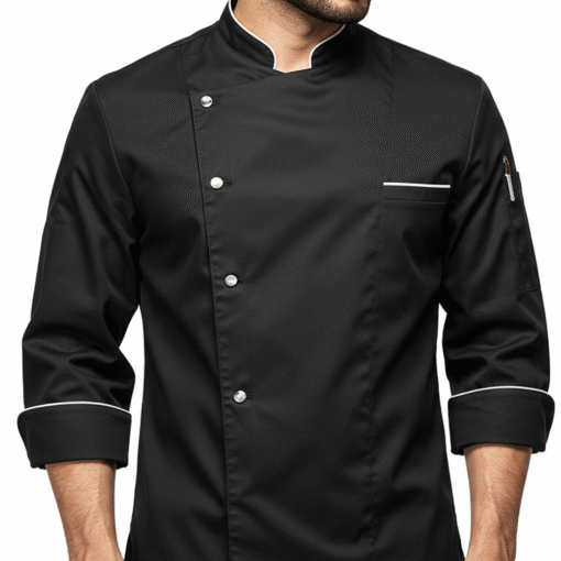 Men’s Black Chef Jacket with White Piping – Asymmetrical Closure, Sleeve Pocket & Contrast Cuffs
