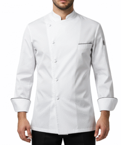 Men’s Long-Sleeve White Chef Jacket with Black Binding, Sleeve Pocket, and Covered Button Front