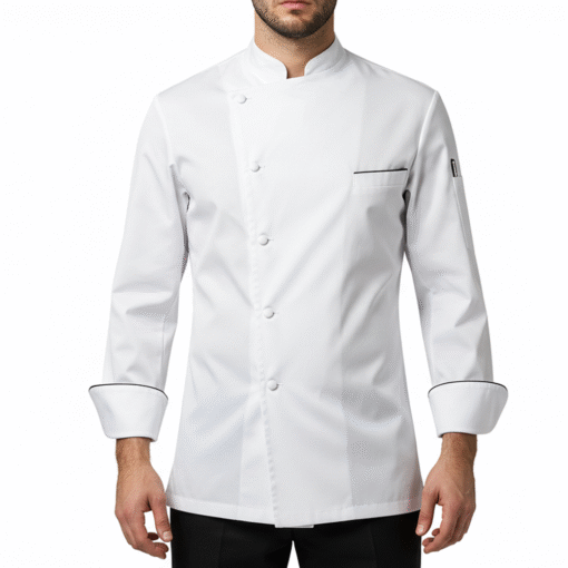 Men’s Long-Sleeve White Chef Jacket with Black Binding, Sleeve Pocket, and Covered Button Front