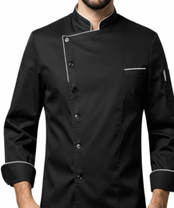 Men’s Modern Black Chef Jacket with White Piping – Asymmetrical Closure & Sleeve Pocket