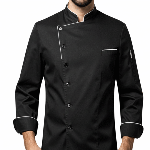 Men’s Modern Black Chef Jacket with White Piping – Asymmetrical Closure & Sleeve Pocket
