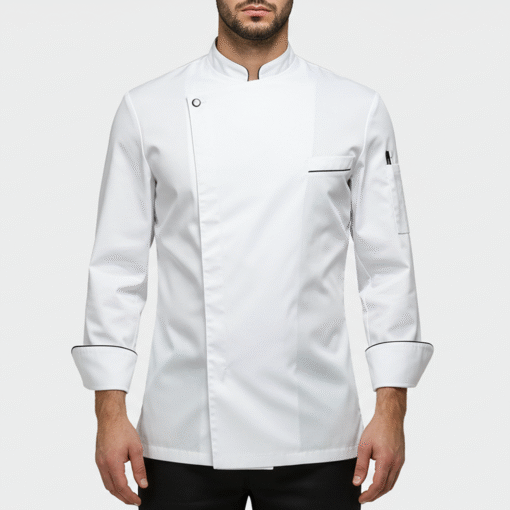 Men’s One-Button White Chef Jacket with Black Binding and Sleeve Pocket