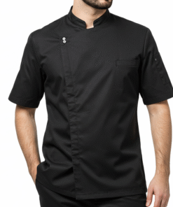 Designed for chefs who prioritize clean design, comfort, and modern performance, this short-sleeve black chef jacket combines minimalist aesthetics with professional functionality. The all-black silhouette offers a sharp, understated presence, while the concealed asymmetrical closure maintains a sleek and uninterrupted front. Constructed from smooth, breathable fabric, it’s ideal for high-temperature kitchens and fast-paced environments where mobility and ventilation are essential. Subtle, refined details enhance practicality without compromising style.