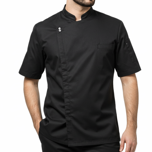 Designed for chefs who prioritize clean design, comfort, and modern performance, this short-sleeve black chef jacket combines minimalist aesthetics with professional functionality. The all-black silhouette offers a sharp, understated presence, while the concealed asymmetrical closure maintains a sleek and uninterrupted front. Constructed from smooth, breathable fabric, it’s ideal for high-temperature kitchens and fast-paced environments where mobility and ventilation are essential. Subtle, refined details enhance practicality without compromising style.