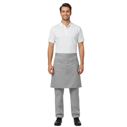 Service Uniform Set – White Polo Shirt, Light Gray Trousers & Matching Waist Apron