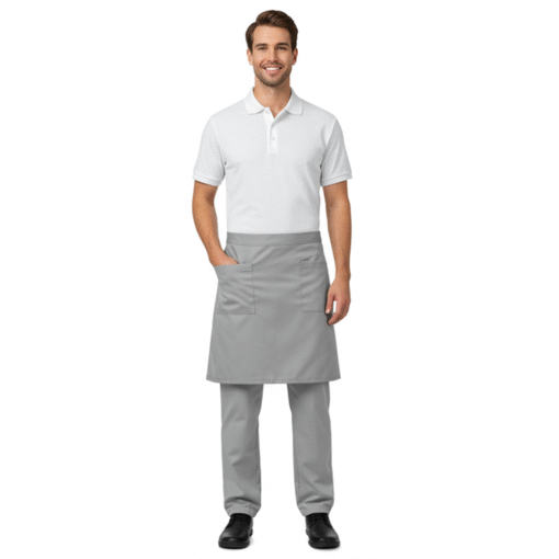 Service Uniform Set – White Polo Shirt, Light Gray Trousers & Matching Waist Apron